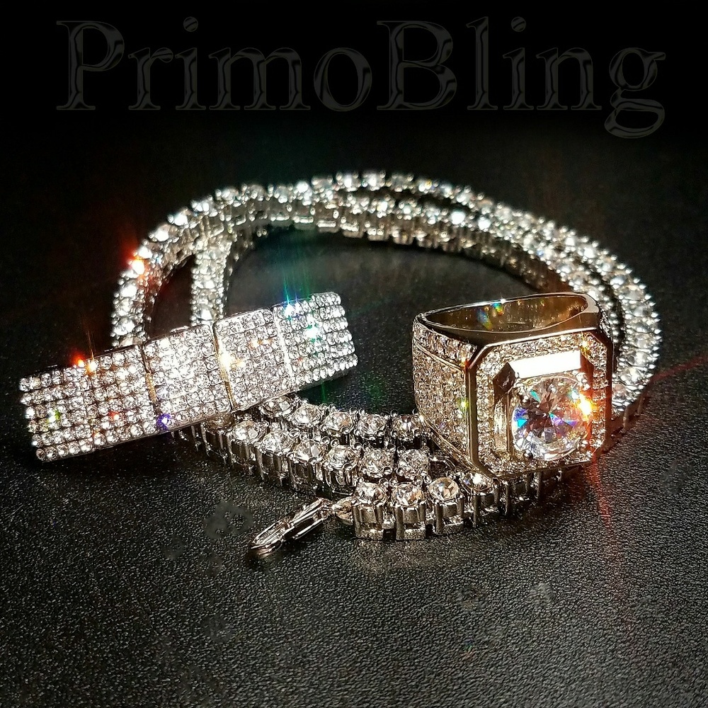 Iced Out Ring Chain & Grillz Bling Set - Picture 1 of 5